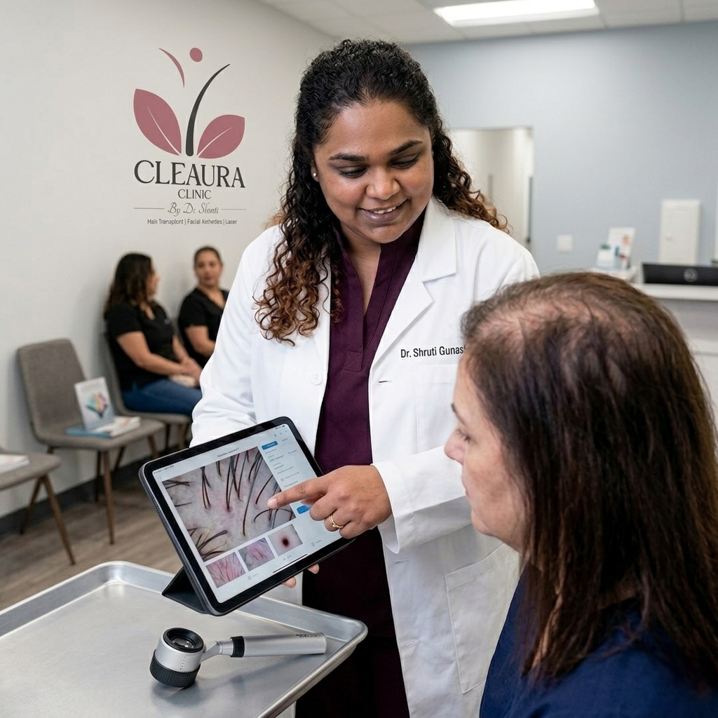Dr. Shruti Gunashekhar conducting female pattern hair loss consultation at Cleaura Aesthetic Clinic Nagpur