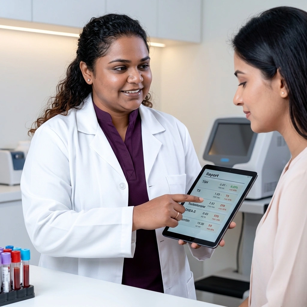 Hormonal blood panel for female pattern hair loss diagnosis — DHT estrogen thyroid testing at Cleaura Clinic Nagpur