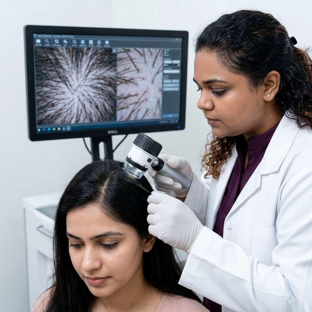 Trichoscopy scalp assessment for female pattern hair loss diagnosis at Cleaura Clinic Nagpur by Dr. Shruti Gunashekhar