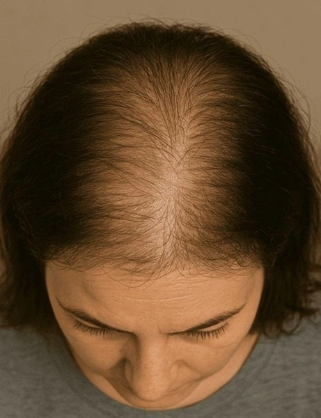 Hair thinning treatment in Nagpur — scalp showing through sparse hair at parting and crown at Cleaura Clinic