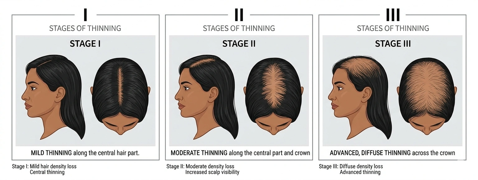 Ludwig scale stages I II III for female pattern hair loss — trichoscopy diagnosis at Cleaura Clinic Nagpur
