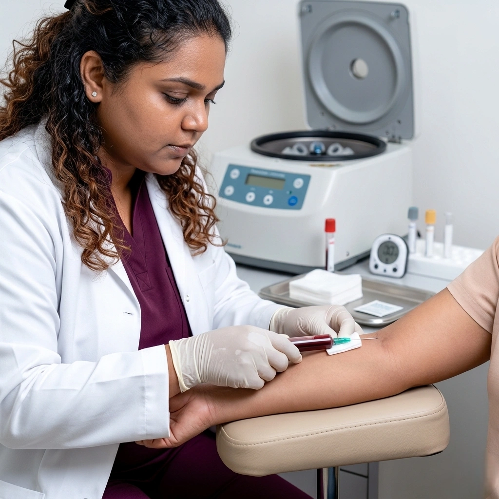 Blood draw and centrifuge spinning for PRP preparation 
              at Cleaura Aesthetic Clinic Nagpur