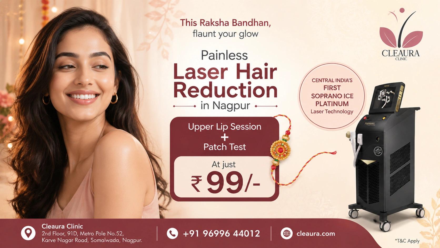 Painless laser hair reduction in Nagpur with Soprano ICE Platinum - Cleaura Clinic
