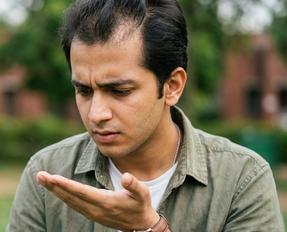 Stage 2 early hair fall in Nagpur — slight thinning at temples and parting start GFC PRP treatment
