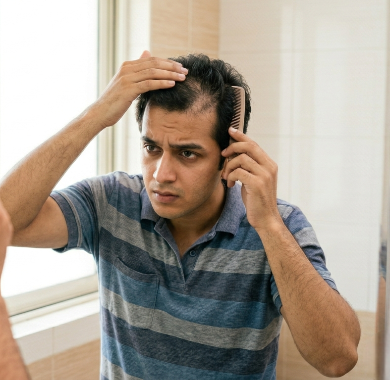 Stage 3 moderate hair thinning in Nagpur — visible scalp at crown reduced density GFC PRP treatment