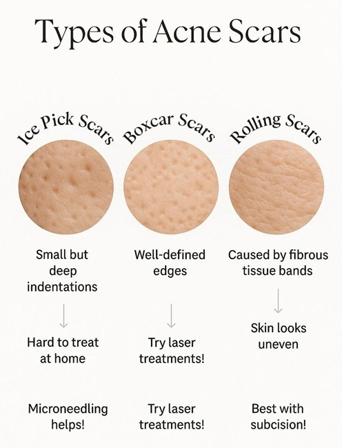 Types of acne scars — ice pick, boxcar and rolling scars explained